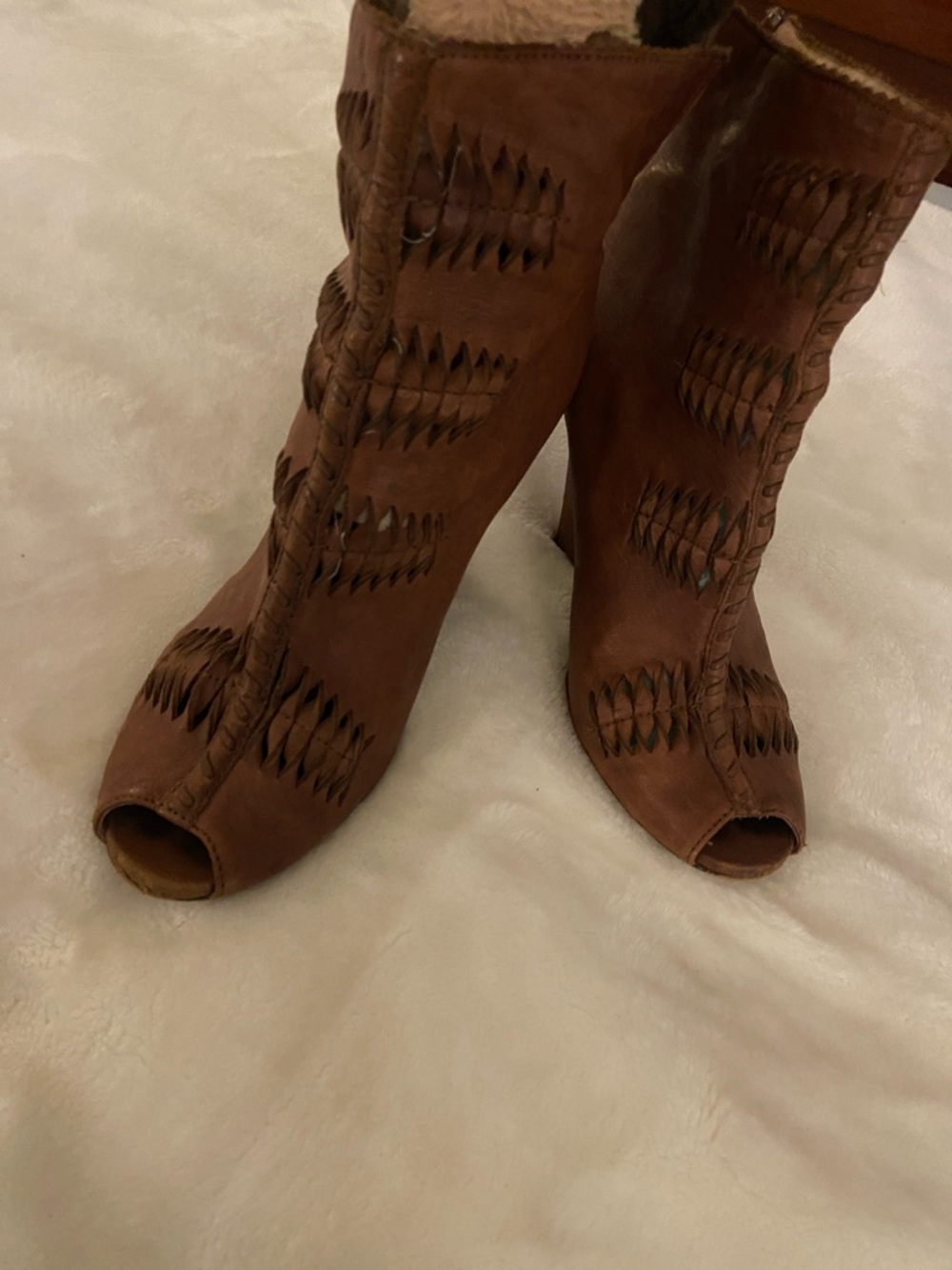Sam Edelman Krosby, Brown Woven Leather Peep-Toe Heeled Ankle Boots